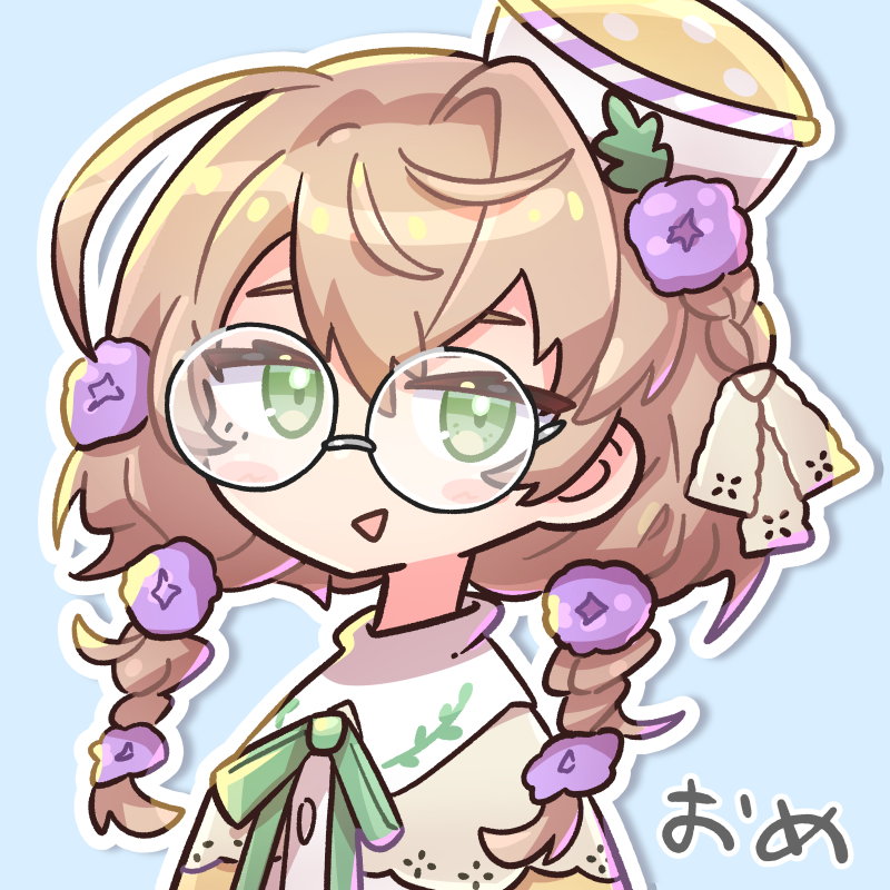 1girl glasses braid solo green eyes purple flower flower  illustration images