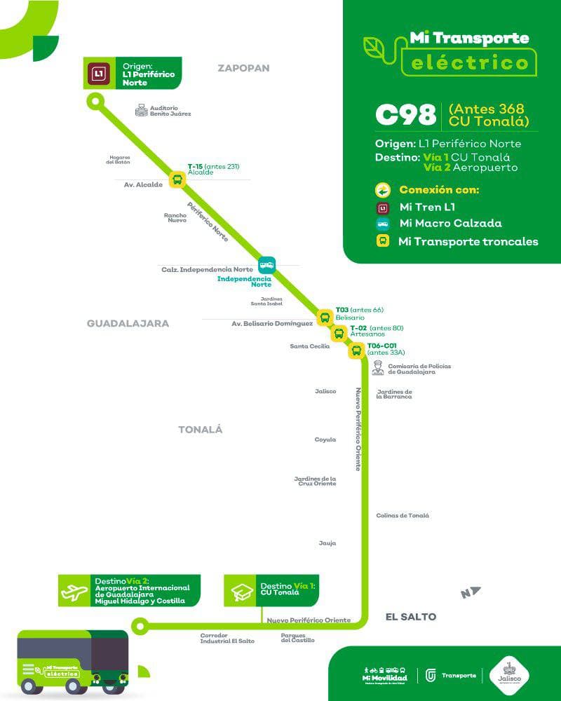 EnriqueAlfaroR's tweet photo. Esta nueva ruta opera de 5 a. m. a 10:30 p. m. y tiene integrado el sistema para pagar con la tarjeta universal de #MiMovilidad para que no batalles con el cambio. Te comparto el mapa de las dos vías, la que llega al CUTonalá y la que llega hasta el aeropuerto. https://t.co/pgiTtE85nV
