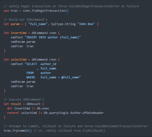 After working with ADONET for many years, I've really come to appreciate this code snippet. I think it demonstrates one of #fsharp's most intriguing qualities, it's expressiveness. There is so little code-noise that the true intent is demonstrably clear.