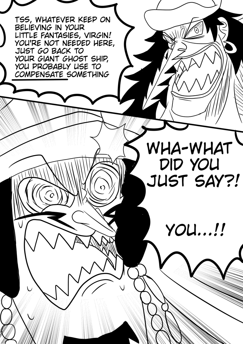esperfruit's tweet photo. Kagami praised AKC for defeating a Vice Admiral, Decken gets  jealous and insults them.
Arlong has quite the savage answer for this xD

Their mutual hate keeps on growing 😅😂

#onepiece #onepieceoc #digitalart #manga #vanderdecken #arlong https://t.co/xskjmPt62t