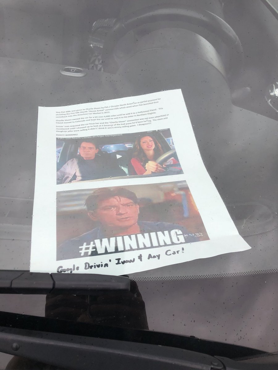 TheJacobBrown's tweet photo. I have to admit, seeing @charliesheenβs former personal Fiat 500 was the highlight of the first-of-its-kind, all-new, first-ever storytelling experience that was the Vienna, Virginia, Cars and Coffee. #winning #tigerblood #adonisdna https://t.co/bkTHVsdfCz