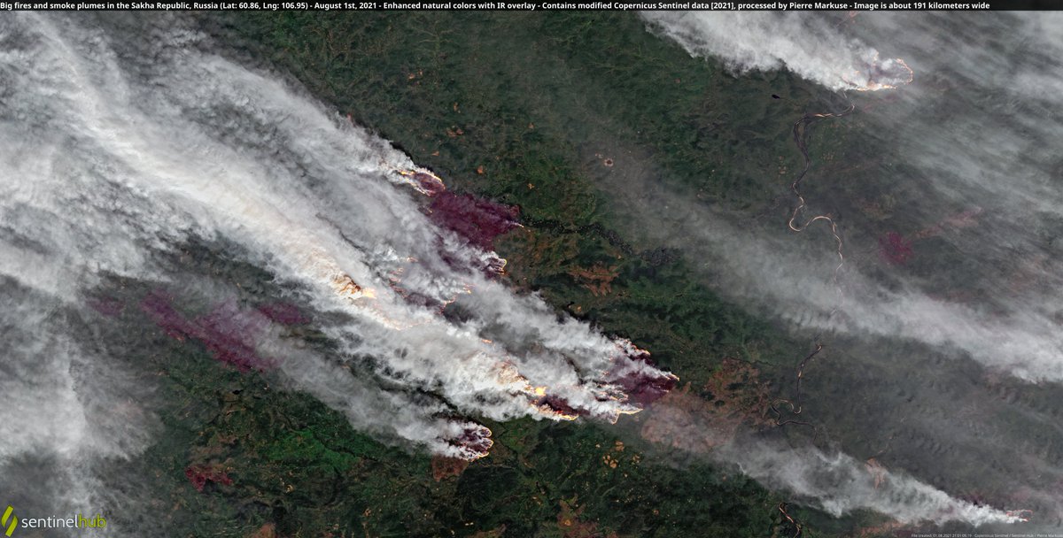 Satellite image of big #fires🔥 and smoke plumes in the Sakha Republic, Siberia, Russia. 1 August 2021. Copernicus/Pierre Markuse