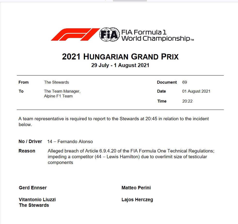 startonpole's tweet photo. Fernando Alonso was called to stewards for impeding Hamilton with his massive balls

#HungarianGP 

📸universeofenergy https://t.co/qF4PUJn3Ff