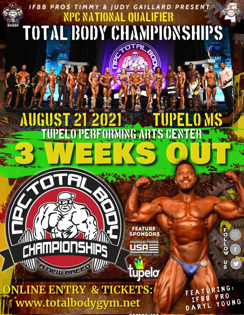 JudyGaillard's tweet photo. 3 WEEKS OUT till the 2021 NPC Total Body Championships in @MyTupelo, @NpcMississippi! Who's coming for CHAMPION title 🏆 &amp; the Iron Attitude Belts?
📣📣DEADLINE TO AVOID LATE FEE IS NEXT SATURDAY, AUGUST 7!!! 
 Entry &amp; Tickets available @ https://t.co/twWhSo6UPh. https://t.co/uFWTLYVDmR