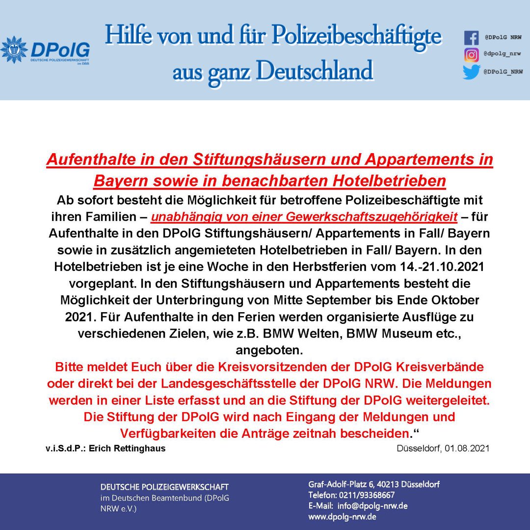 Ab sofort besteht die Möglichkeit für betroffene Polizeibeschäftigte mit ihren Familien – unabhängig von einer Gewerkschaftszugehörigkeit – für Aufenthalte in den DPolG Stiftungshäusern/ Appartements sowie in zusätzlich angemieteten Hotelbetrieben. #ihrfüruns #wirfüreuch