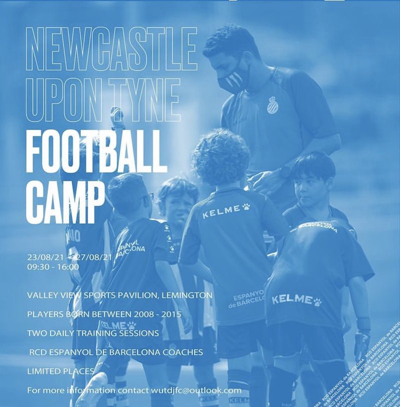 📢 Big Announcement!!!
⚽️ First ever RCDE football camp in 🏴󠁧󠁢󠁥󠁮󠁧󠁿📍Newcastle upon Tyne 
🗓 23/8/21 - 27/8/21                             🤝 In collaboration with <a href="/wutdfc/">Westerhope United FC</a>         Don’t miss out on this unique coaching experience!!
#rcdecampnewcastle #rcde #coaching #youthfootball