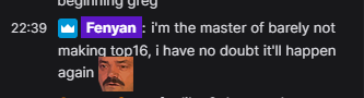 R_Fenyan's tweet photo. Called it Kappa
Upset loss in R4 of 2020 tournament, 17th in OCS3, now this. I have barely missing playoffs down to a science FeelsBadMan https://t.co/XEiaGGlaH7
