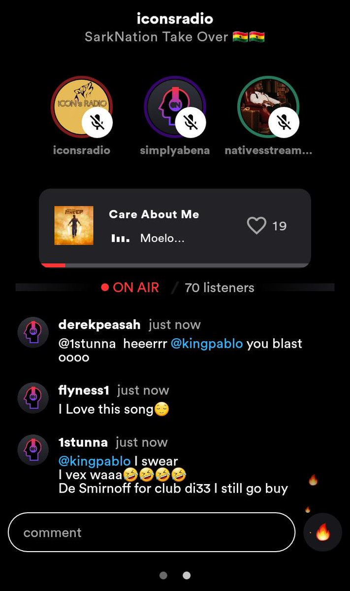 host @iCONsRadio 
co host @simply_abena 

now playing.........

song - #careaboutme
artist - @moelogo 
featured - @itsLaycon 

#sarknationXicons  #NoPressure 
share.stationhead.com/HLM52pfeDrI