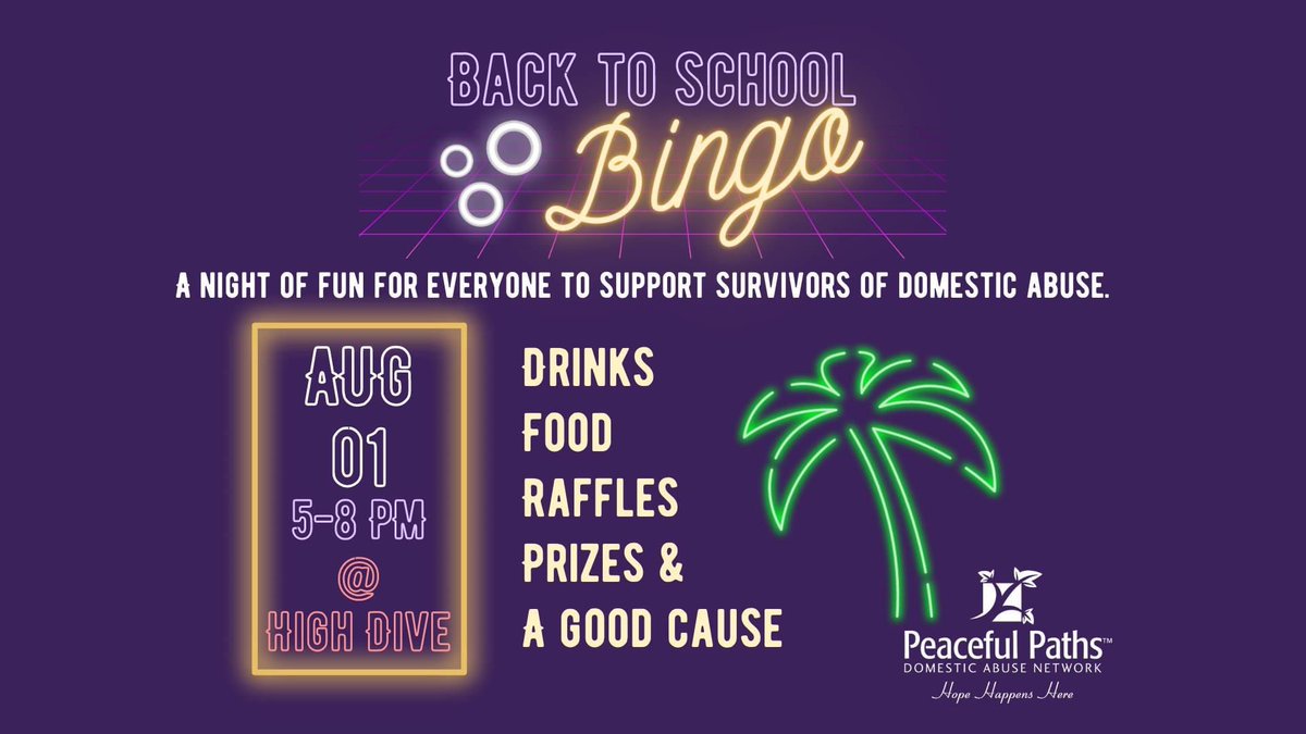 TODAY! Join us for the 2nd Annual Back to School Bingo supporting Peaceful Paths! FREE, family-friendly event full of fun, prizes, food + drinks! No tickets needed!

Proceeds will directly support efforts to provide 175+ children w/ a back pack + school supplies for Fall classes!