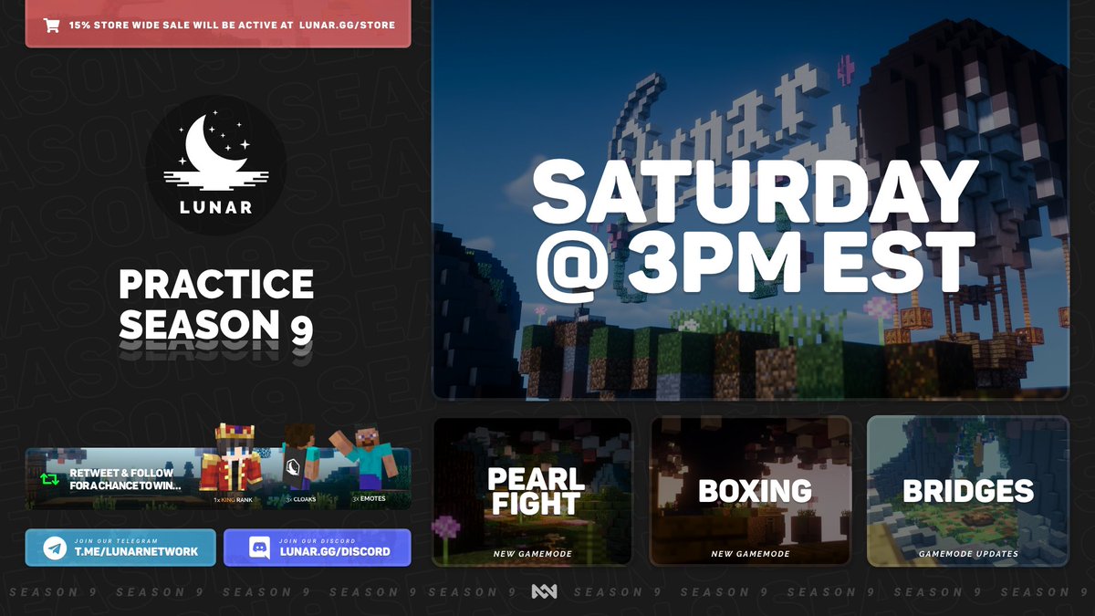 LunarNetwork's tweet image. Season 8 of Lunar will be coming to an end on Thursday at 11:59 PM EST. 🔒

Season 9 will be releasing on Saturday at 3:00 PM EST. ⚔️

Retweet + Follow for a chance to win:

✦ 1x King Rank
✦ 3x Lunar Emotes
✦ 3x Lunar Cloaks
✦ 3x Lunar Wings

We'll see you this weekend! 👋