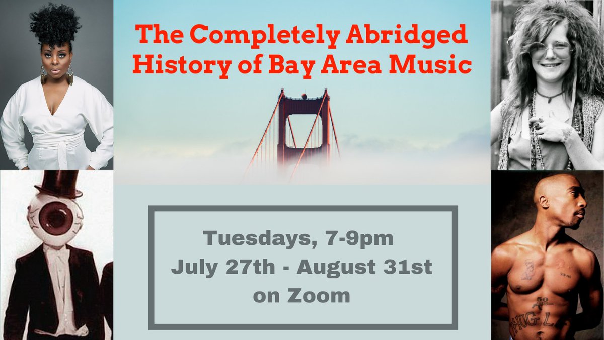 Rhythmix1's tweet image. Take a journey through a brief history of the Bay Area’s homegrown musical artists from the 1960s through today with Mark Montgomery French.

The Completely Abridged History of Bay Area Music 
Tuesdays 7-9pm | July 27th - August 31st | on Zoom

Info &amp;amp; Tix: rhythmix.org/events/history…