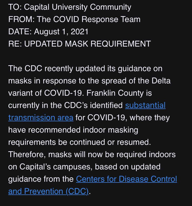 TheChimesNews's tweet image. BREAKING: Masks are required for all public indoor spaces on campus regardless of vaccination status. #Capfam 
•
Screenshots of email announcement are below as evidence.