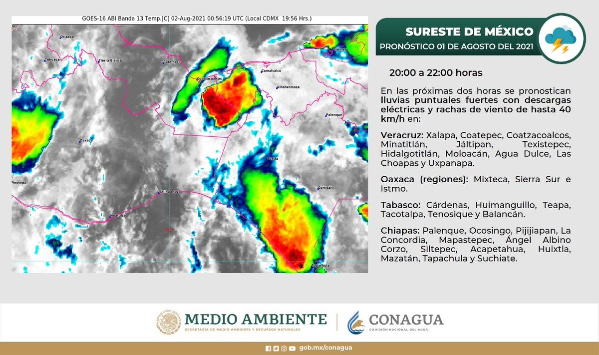 ⛈️ Durante esta noche, en municipios de #Veracruz, #Tabasco, #Oaxaca y #Chiapas, se prevén #Lluvias fuertes, #DescargasEléctricas y #Rachas de #Viento de hasta 40 km/h. Más detalles en el gráfico ⬇️