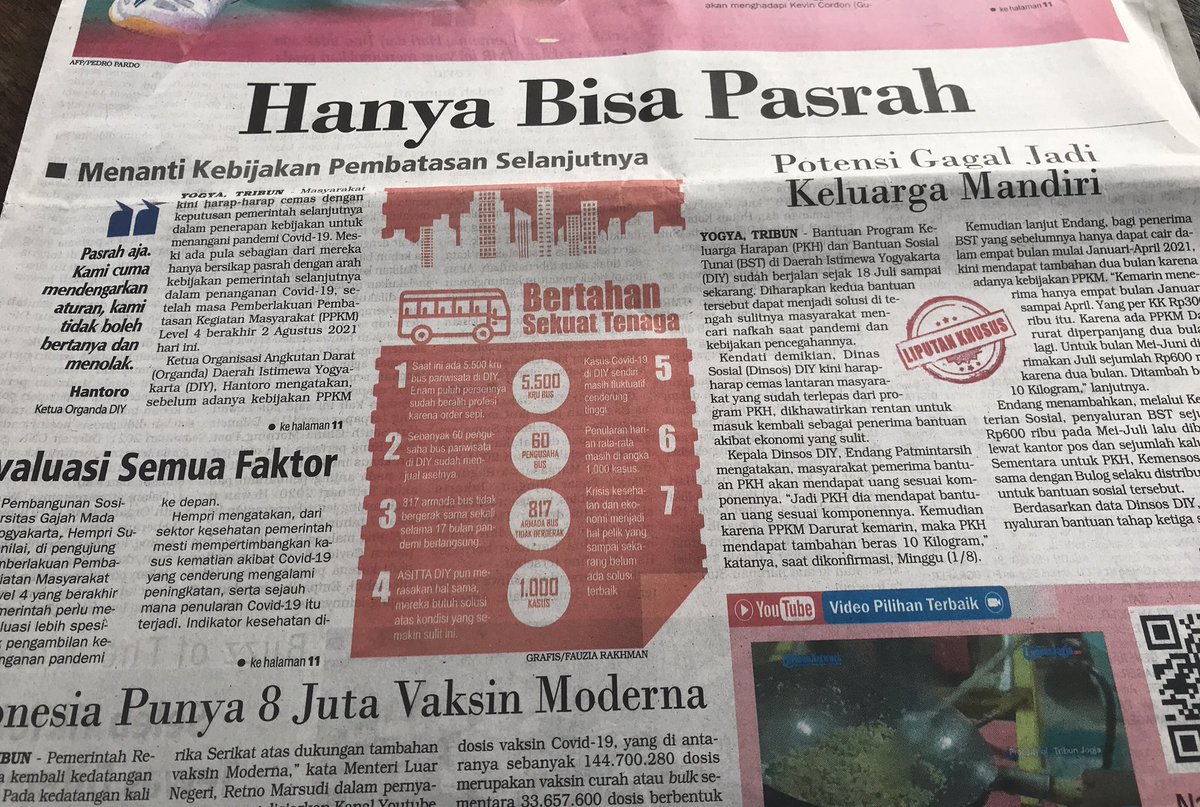60 pengusaha bis di jogja sudah jual aset.

5500 kru bis wisata jogja, nganggur.

317 armada gak bergerak selama 17 bulan.

"kami hanya pasrah. tidak boleh bertanya, tidak boleh menolak."

~organda jogja. (HL Tribun)