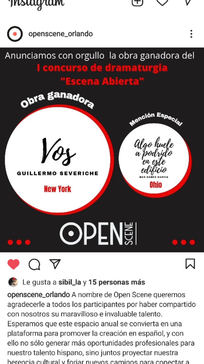 MarGamezMGG's tweet photo. Mi obra de teatro "Algo huele a podrido en este edificio" ha recibido una mención especial en el I Concurso de dramaturgia "Escena abierta" de @openscene_orlando. ¡Muchas gracias por este reconocimiento y felicidades a la obra ganadora! https://t.co/mCSEuoUseZ