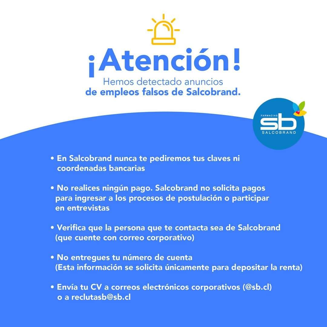 ⚠️Salcobrand NUNCA solicitará un pago, por ninguna vía, para postular a algún cargo. Nos han alertado que se está utilizando el nombre de Salcobrand solicitando un pago para postulaciones, lo cual es completamente falso.⚠️