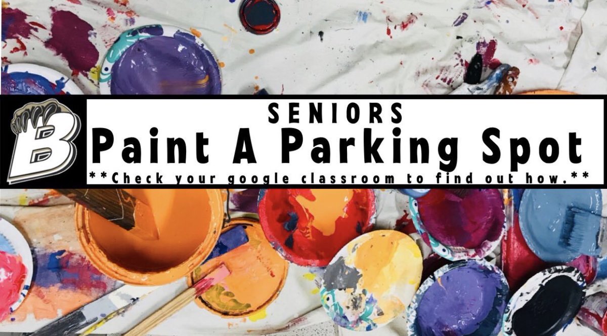 Seniors, do you want to paint your parking spot this year? Get a discount if you sign up at orientation. Information is in your google classroom and/or schoology!