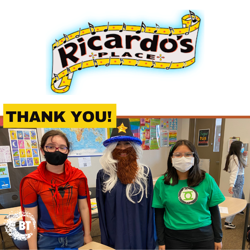 BTSJC's tweet image. The Word Wizard and two BT student heroes say THANK YOU to Ricardo’s Place for being one of our excellent partners supporting our program and for giving back to the community- your heroes too! #BTSummer21 #HeroesAllAroundUs