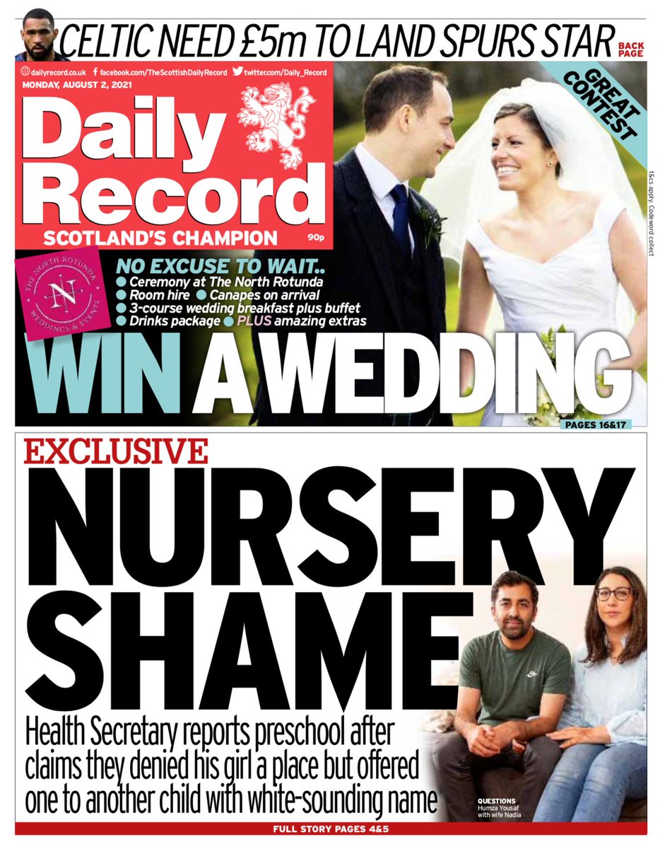 Daily_Record's tweet image. Tomorrow's Daily Record leads on Humza Yousaf reporting nursery over claims his daughter was denied a place due to ethnic-sounding name #scotpapers #TomorrowsPapersToday @AllieHBNews