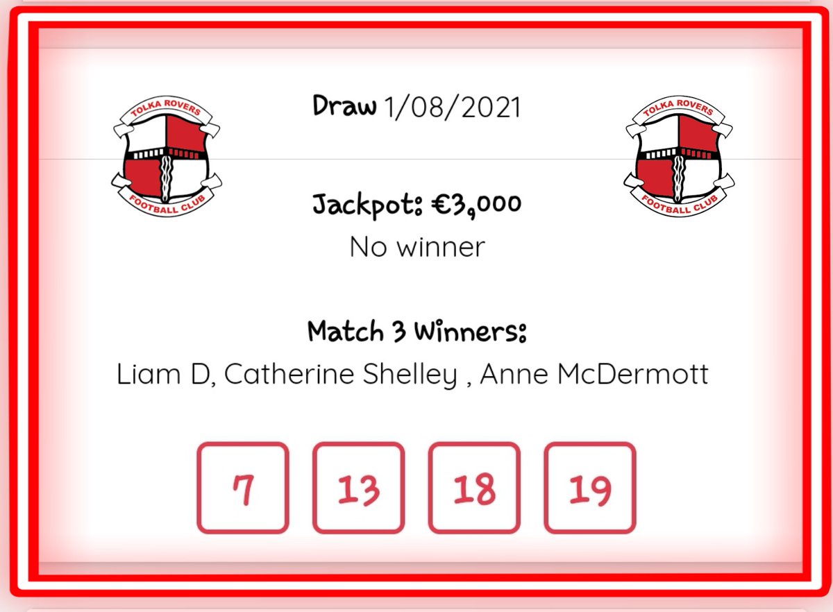 TolkaRoversAFC's tweet photo. π΄βͺ Results Sheet : 1st August π΄βͺ
Jackpot : No Winner
Win or Share 3 Numbers : 3 winners β¬33
Next Jackpot 8th August - β¬3100
#trfc #lotto #jackpot #finglastalks #glasnevin #ballymuntalks #supportyourclub https://t.co/wUFoD7CfGp