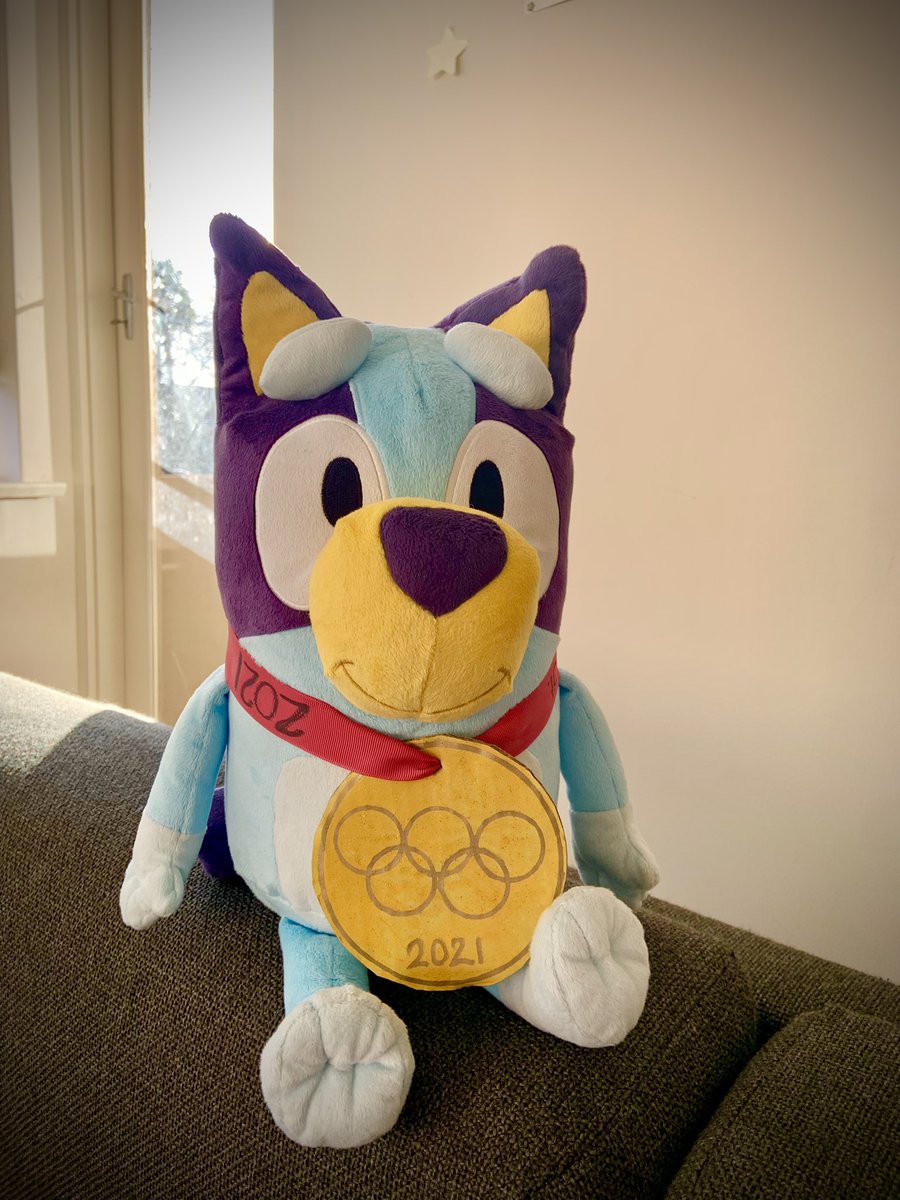 bcarkley's tweet photo. Bluey here watching the women’s medals roll in!  
@OfficialBlueyTV #Olympics https://t.co/SyLcHgBECM
