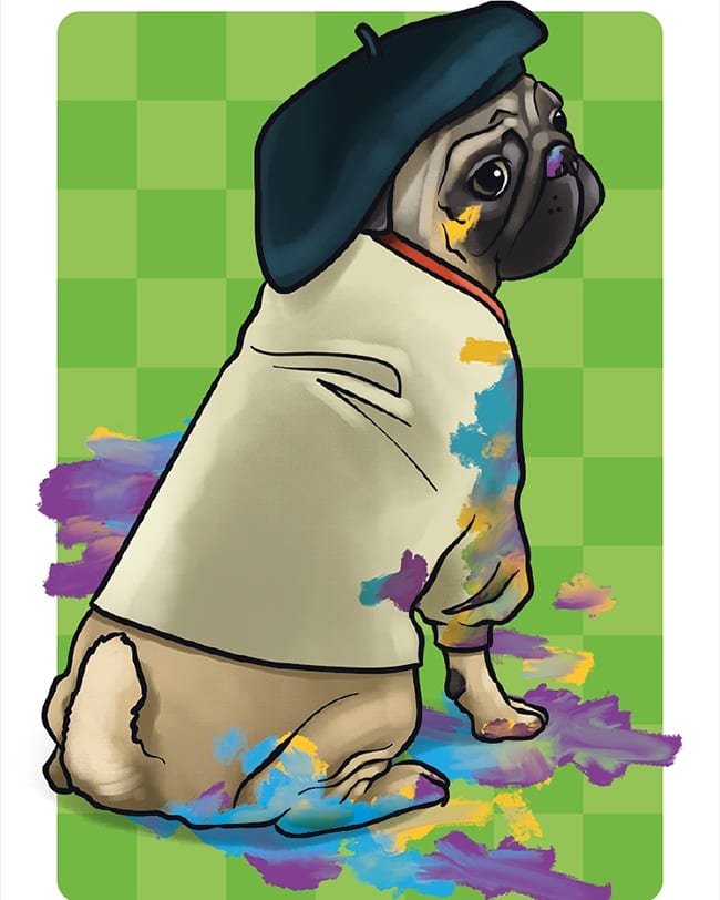 SDRgames_studio's tweet photo. We'd like to ask for a #Bezday #Artrequest of a fancy dressed critter! @stuffByBez Here's Pugcasso to get the creative juices flowing 🖌️ https://t.co/9r9xDYyckI
