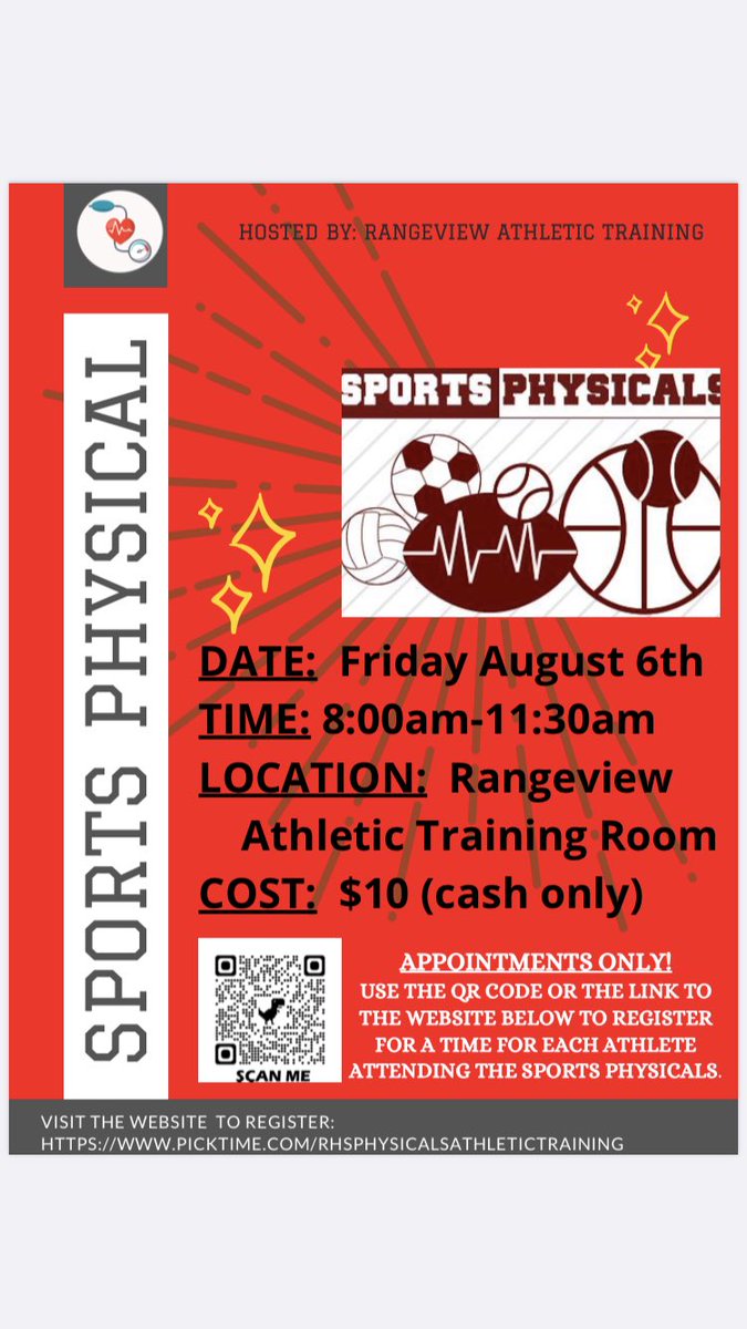 $10 physicals at RHS August 6. Read below flyer to register. @RangeviewAthle1