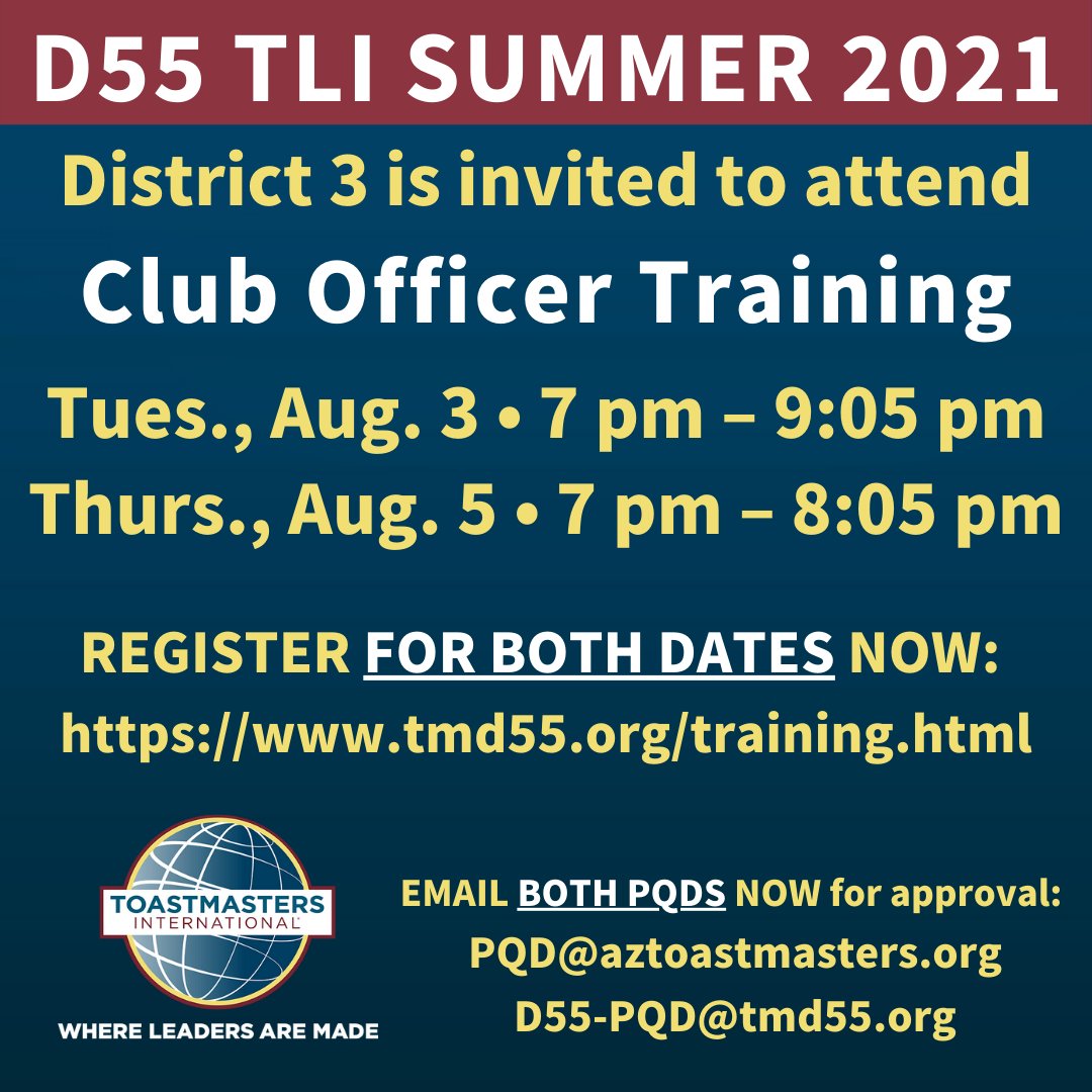 d3_toastmasters's tweet photo. #AZToastmasters Catch-up on TLI in @ToastmastersD55 via #ZOOM! Email BOTH PQDs for details &amp; approval to register, MUST attend both dates! #D3TM #allaboutthemembers #leadershipdevelopment #professionaldevelopment #personaldevelopment #D3TLI https://t.co/cWy3qmYshf