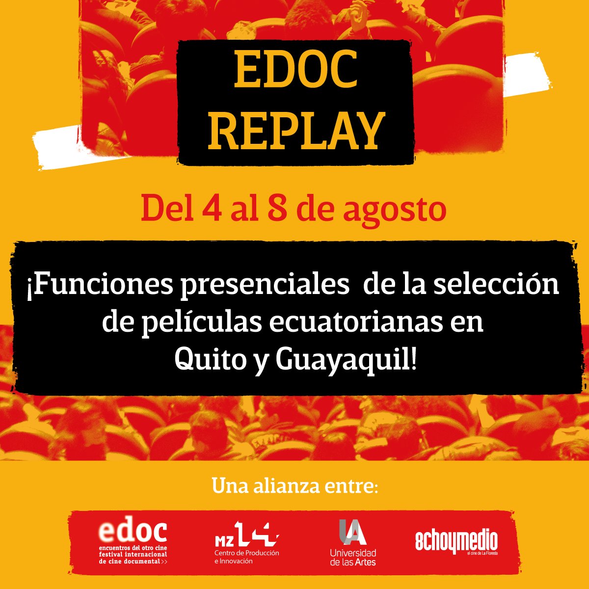FestivalEDOC's tweet photo. Nos complace enormemente anunciar la creación de #EDOCReplay: una alianza para funciones presenciales de la programación nacional de estos #20EDOC, en el @8medio (Quito) y @mz14ec_ (Guayaquil), del 4 al 8 de agosto. 

Más información en las redes de cada sala. 

#EDOC https://t.co/fOK5LkCBSg