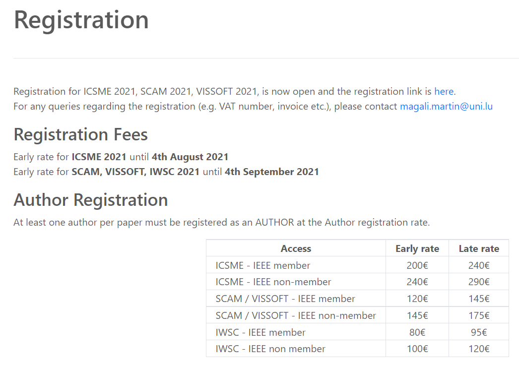 IEEEICSME's tweet photo. A reminder for everyone that registration for #icsme2021, SCAM 2021, VISSOFT 2021, has been opened and the registration link is here: https://t.co/J5YZ4mlsOA

More pls check: https://t.co/RnOEVKIUIS 
Be aware of the Early rate date!! https://t.co/eQUc7yDmQR