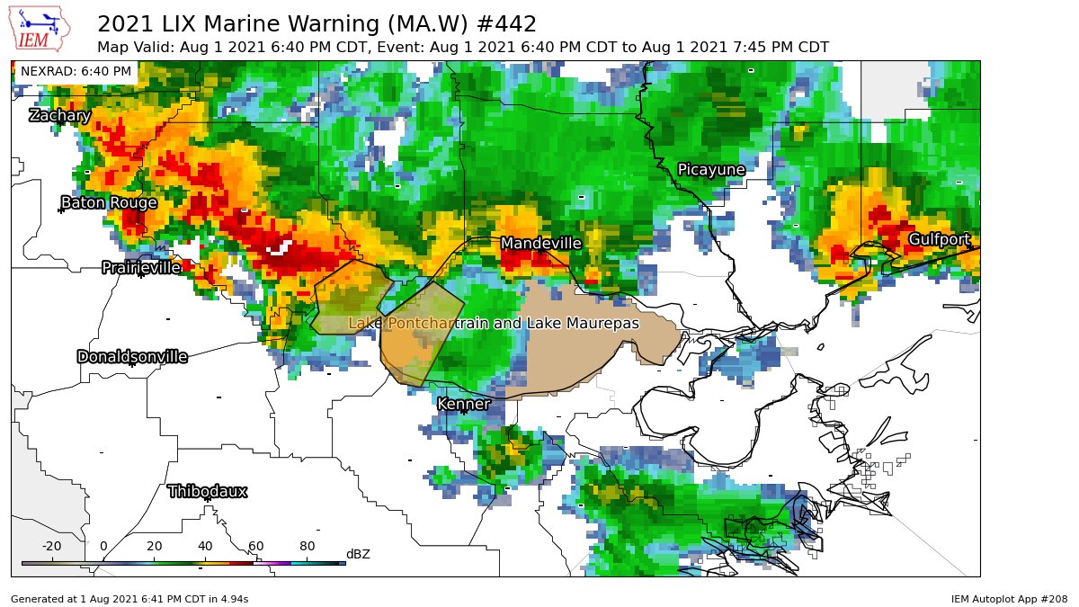 iembot_lix's tweet photo. LIX issues Marine Warning [wind: >34 KTS, hail: 0.00 IN] for Lake Pontchartrain and Lake Maurepas [GM] till Aug 1, 7:45 PM CDT https://t.co/A0KZitZ9ik https://t.co/R8Ha4D6pGd