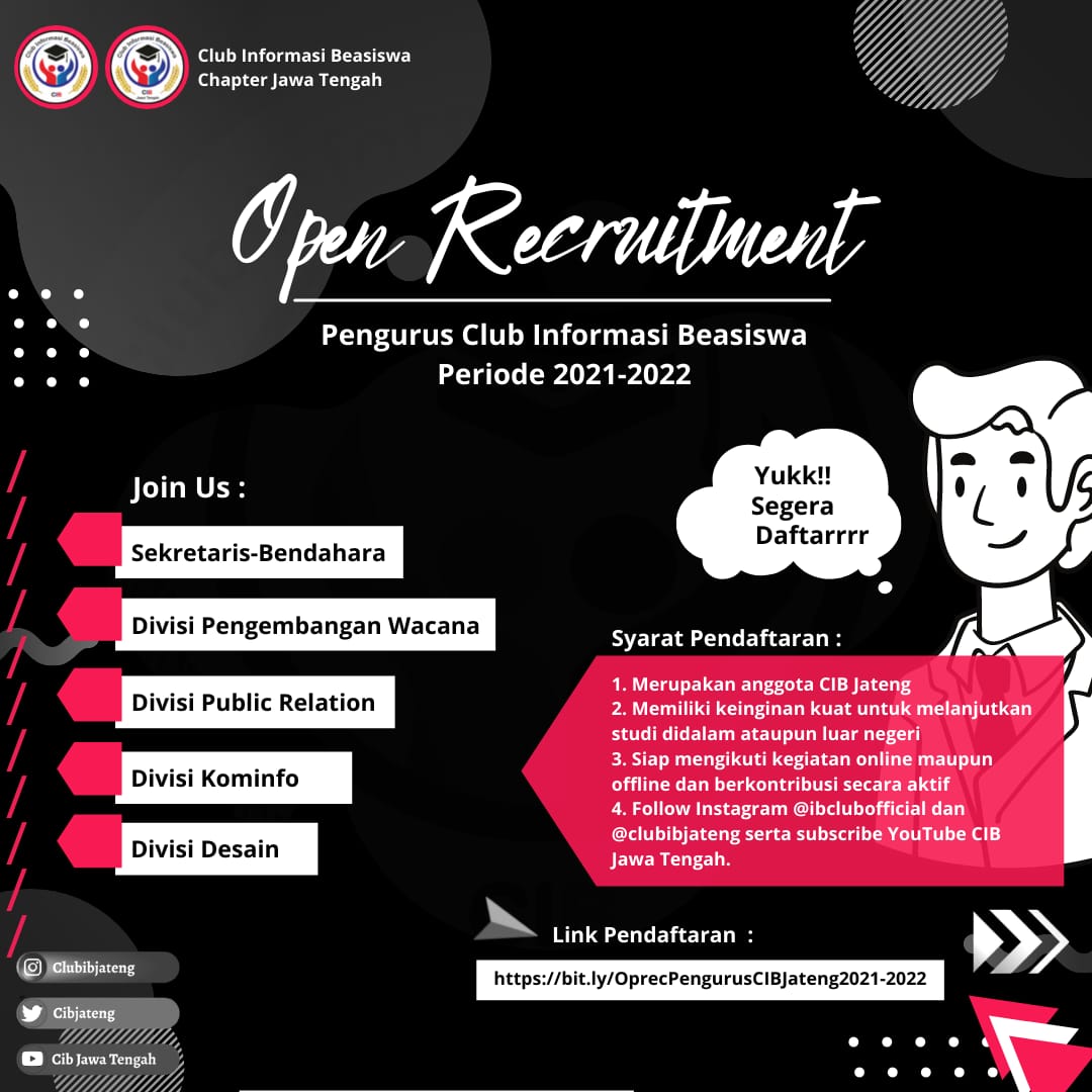cibjateng's tweet photo. Assalamu'alaikum wr wb

CIB Jawa Tengah
🎉Open Recrutment 🎉
Pengurus Club Informasi Beasiswa Cabang Jawa Tengah Periode 2021-2022 https://t.co/a3Bo5pRNfu