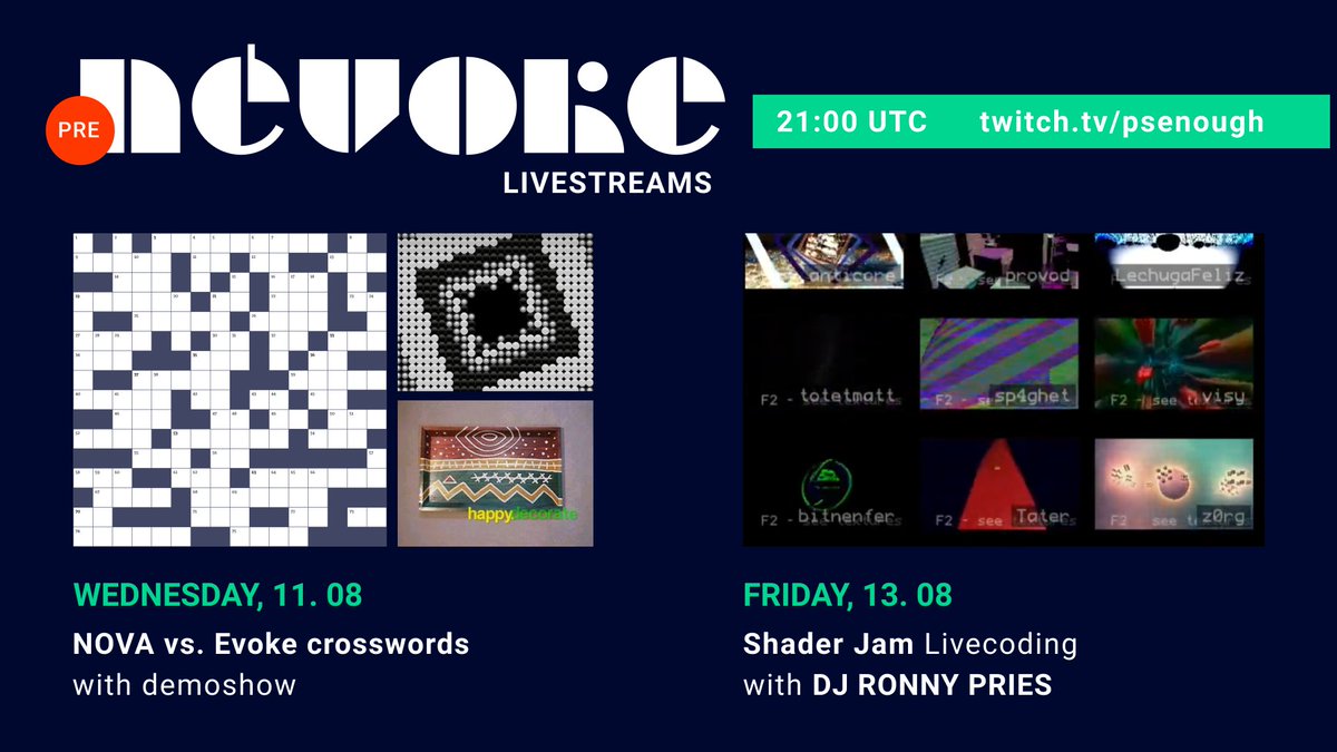 feeling sad <a href="/evoke_eu/">evoke demoparty @evoke@abraum.social</a> is only one day this year? fear not, we can preparty with crosswords; and demoshows; and shader livecoding; and a djset by <a href="/rktic/">rk</a> ; and blackjack; and hookers! #demoscene 11/08 and 13/08 around 21:00 UTC twitch.tv/psenough (thanks <a href="/frauflimm/">Darya</a> 4 flyer)