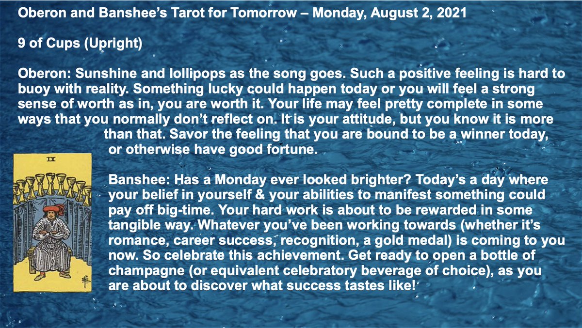 tftTarot4today's tweet photo. Hey everyone, it’s Monday! But there’s no time for moaning this Monday! Do you know why? Because you’re going to be too busy celebrating a win! Here’s the Tarot for Tomorrow, Monday, August 2, 2021. #tarot #dailytarot #tarotcards #tarotreader #TarotReading #divination https://t.co/BNTBcwJghA