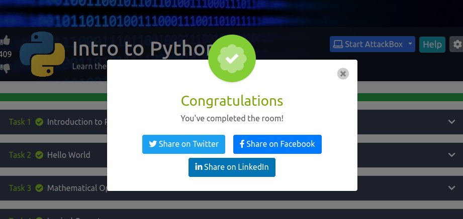 WsgSec's tweet photo. Intro to Python - I have just completed this room! Check it out:  https://t.co/Um82QshfkD #tryhackme #Python #Beginner #intro to python #educational #introtopython via @tryhackme https://t.co/A8kGocQ2Vr