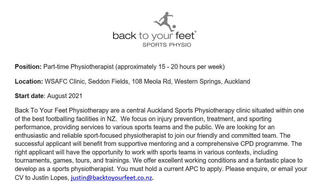backtoyourfeet's tweet photo. Back To Your Feet Physiotherapy are recruiting. Want to work in a great sports clinic? Come join our team!
✅ Mentoring &amp; support for CPD programme
✅ Working directly with motivated athletes
✅ Ready for your next challenge?
✅ Start now!
(Need current NZ APC to apply) https://t.co/5VYOphKtlD