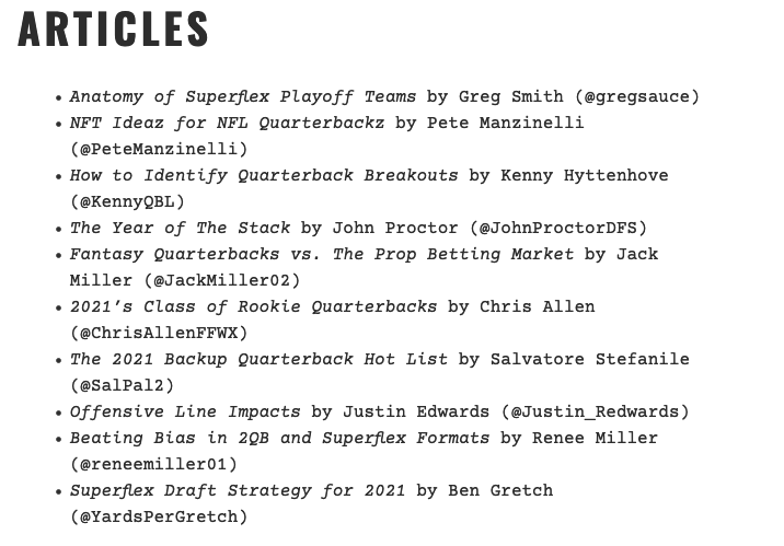 TwoQBs's tweet photo. Our 2021 Superflex Draft Strategy Guide features strategy articles, industry mock draft with experts, breakout QBs, rankings cheat sheets, projections, and more.

Get your copy today: https://t.co/WKD9ttecO2 https://t.co/AmbsZhNnYE