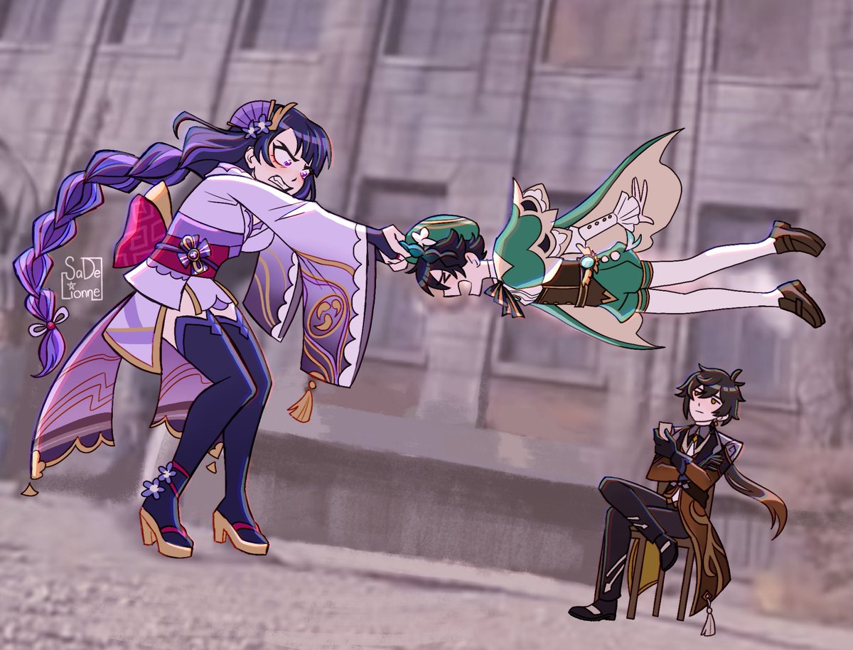 sadelionne's tweet photo. That one scene from Matilda but with the archons   #原神  #GenshinImpact #venti #zhongli #ShogunRaiden https://t.co/1LWLYeaBBY
