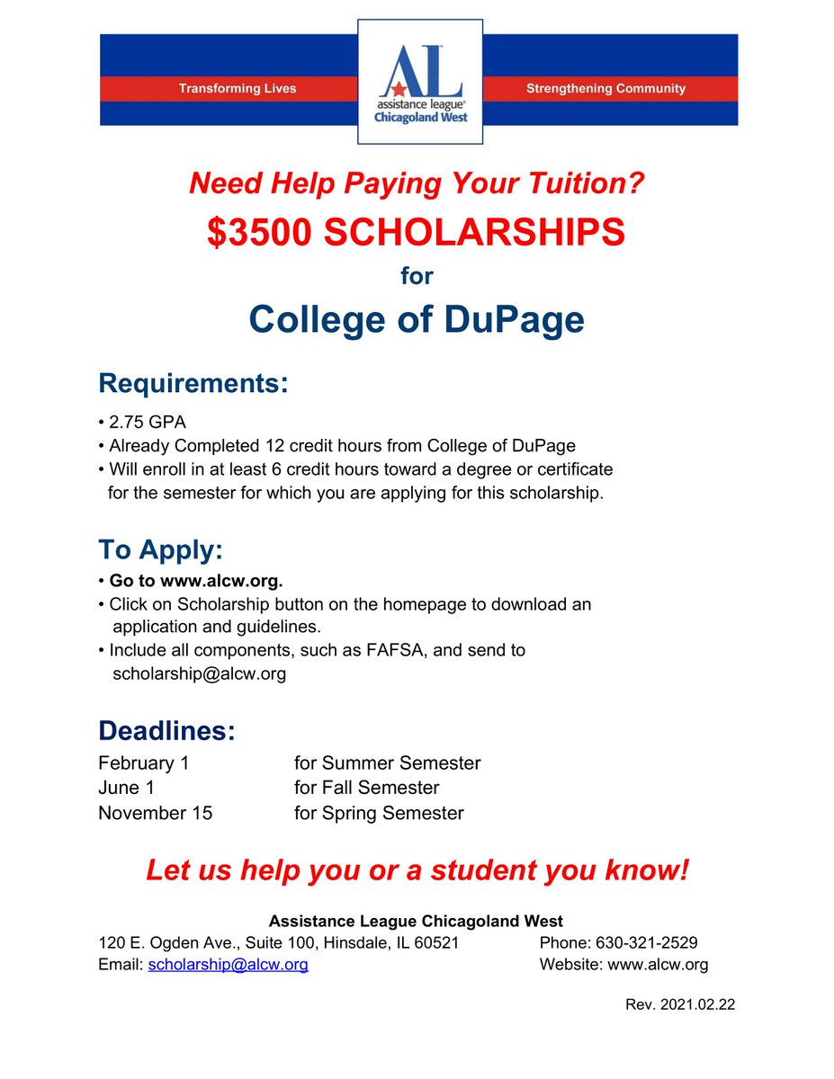 ALChicagoland's tweet photo. Applications are now being accepted for our Scholars Support Program. $3500 Scholarships are available for @CollegeDuPage students. The Deadline for Spring 2022 Applications is Nov 15, 2021. See our website for Guidelines &amp;  Application: https://t.co/SlOI0qHaah #Scholarship #COD https://t.co/CRtSfSRZYu