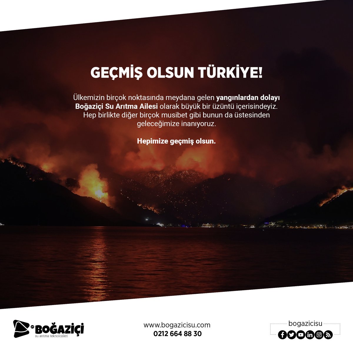 Geçmiş olsun Türkiye!

Ülkemizin birçok noktasında meydana gelen yangınlardan dolayı 
Boğaziçi Su Arıtma Ailesi olarak büyük bir üzüntü içerisindeyiz. 

#geçmişolsun #gecmisolsunturkiye #bogazicisu #bogaziciaritma #aritma #turkiye #turkey #yangın #ormanyangını #felaket