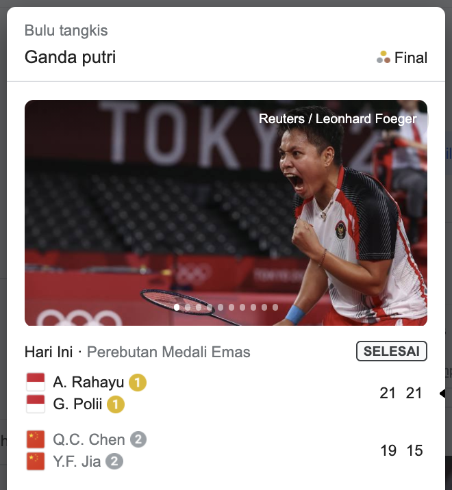 gojekindonesia's tweet photo. SELAMAT!!!!
GOLD MEDAL UNTUK GANDA PUTRI INDONESIA.
Terima kasih Greysia &amp; Apriyani. 🇮🇩

Sebuah kebahagiaan bersama di tengah pandemi yang kita lalui 🥺

#GreyApFinalTokyo2020 https://t.co/Yjg3emi4qJ