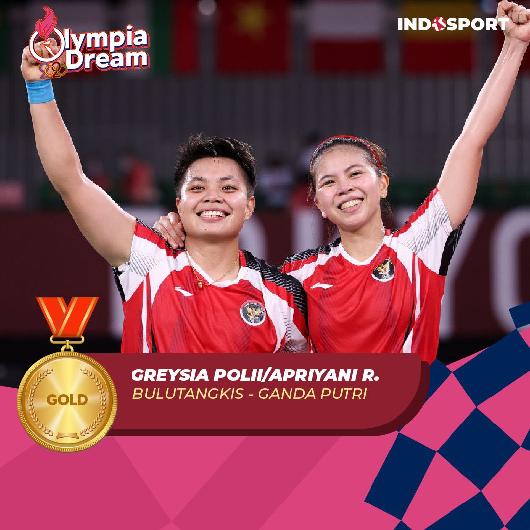 "First Women's Doubles Indonesia" to reach this milestone. terima kasih Greysia dan Apriyani. 

GOLD MEDAL untuk Indonesia yang bentar lagi ulang tahun. 🥇
Thank You, we are proud of you!! 🥺🇮🇩

#GreyApFinalTokyo2020 #Badminton