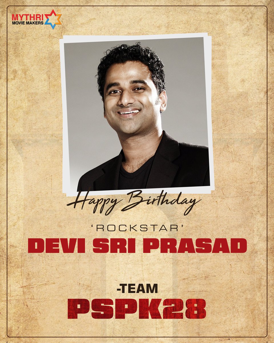 MythriOfficial's tweet photo. Team #PSPK28 wishes the Blockbuster Music Director 'Rockstar' @ThisIsDSP a very Happy Birthday 🎵

#HBDRockStarDSP ❤️

POWER STAR @PawanKalyan @harish2you @DoP_Bose @venupro https://t.co/IQO2r3zSBW