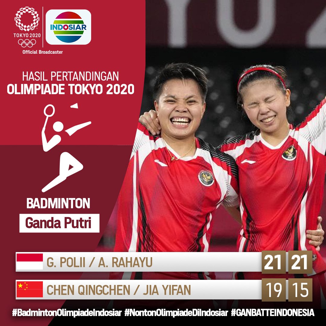 Indosiar's tweet photo. Bangga banget sama pasangan Ganda Putri Greysia Polii &amp; Apriyani Rahayu! 
Emas pertama untuk Indonesia🇮🇩
GreyAp kalian keren banget👍

#OlimpiadasTokyo2020 
#BadmintonOlimpiadeIndosiar 
#GanbatteIndonesia 
#NontonOlimpiadeDiIndosiar https://t.co/Qyjk68pyLh