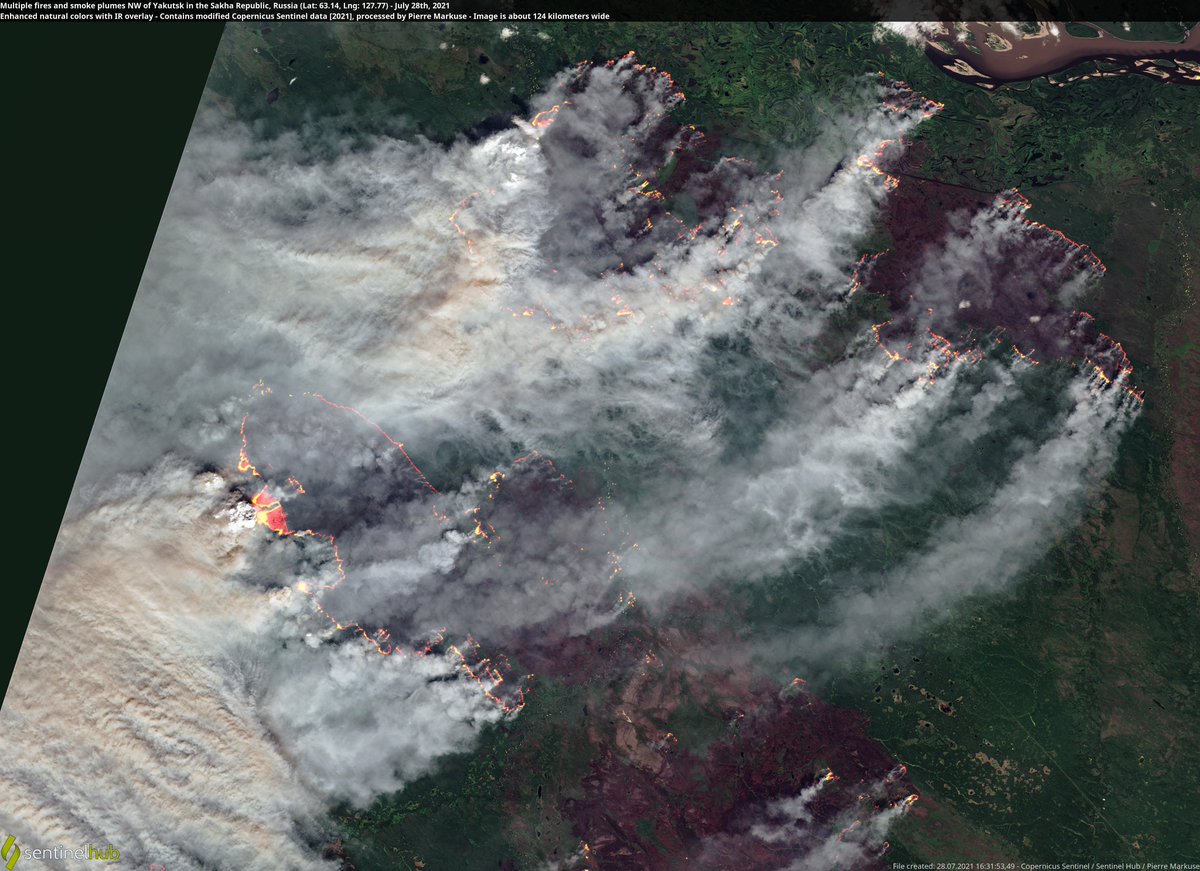 Pierre_Markuse's tweet photo. ￼ ⭕️ #Siberia is burning. Countless big fires🔥 and smoke plumes all over the #SakhaRepublic in #Russia🇷🇺 #RemoteSensing #OpenData #scicomm #wildfire #Yakutia #СибирьГорит #AirQuality More images here https://t.co/GYa29PJvYk https://t.co/DQTDmC97kf