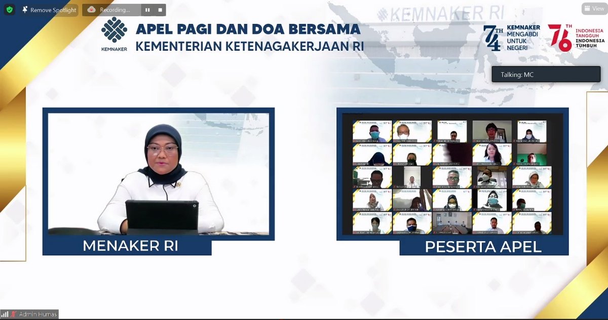 Pagi ini seluruh Pegawai Kemnaker mengikuti Apel Pagi dan Doa Bersama secara virtual yang dipimpin oleh Ibu <a href="/idafauziyah/">Ida Fauziyah</a>. Apel pagi ini bertemakan Core Values ASN Kemnaker Berakhlak dan Employer Branding ASN Bangga Melayani Bangsa.