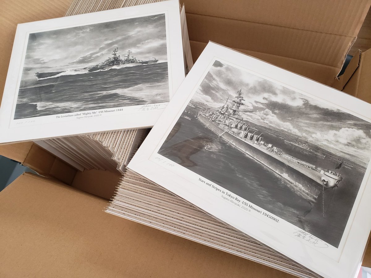 ArtStudiofu1's tweet photo. ハワイ真珠湾にある戦艦ミズーリ記念館へ、ミニチュア複製画の発送準備中。11/1から始まる企画展の展示作品と同梱するために、梱包をどうしたも���かと頭を捻っております。
#鉛筆艦船画 #菅野泰紀 https://t.co/w11uqfeqge