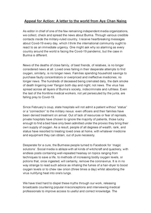TostevinM's tweet photo. “The military regime is either intentionally removing the last lifelines of help available to the Burmese people to quell challenges to their rule, or is woefully lacking in will and capacity” An appeal for Myanmar on COVID-19 from @DemocVoiceBurma editor #WhatsHappeningInMyanmar https://t.co/bQYry6XkWf