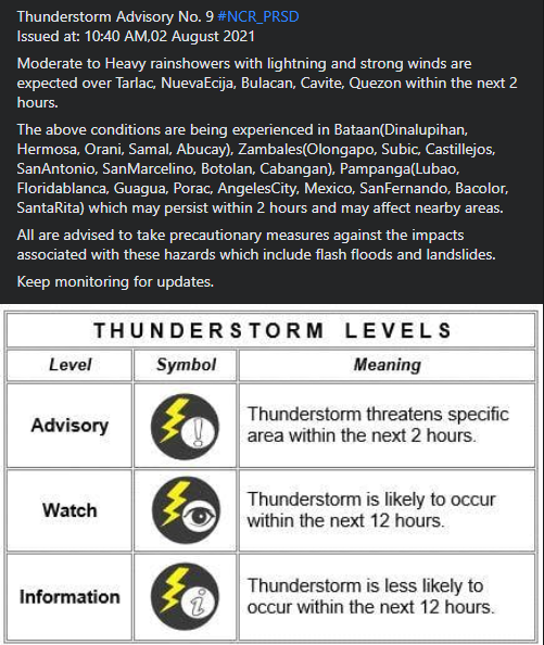 dost_pagasa's tweet photo. Thunderstorm Advisory No. 9 #NCR_PRSD
Issued at: 10:40 AM,02 August 2021 https://t.co/ZpJEnhKWPZ