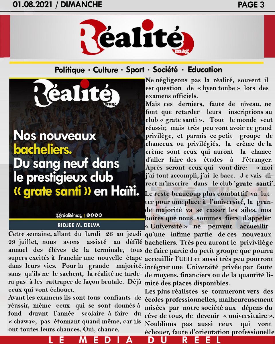 Realite_Mag's tweet photo. Nos nouveaux bacheliers. du sang neuf dans le prestigieux club  "gratte santi" en Haïti.

#éducation #société  #bachelier #haiti  #haïtien #philo  #philosophe #jo 
#sport #mulernjean  #darellevalsaint #tokyo 

@realite_mag 
📝: @allendelva  &amp; @milfortlife https://t.co/QnKkgt6fX9